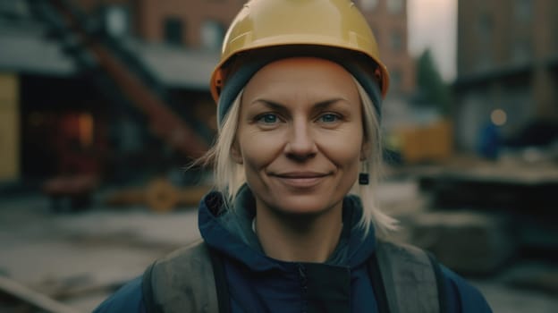 A smiling Swedish female construction worker standing in construction site. Generative AI AIG19.