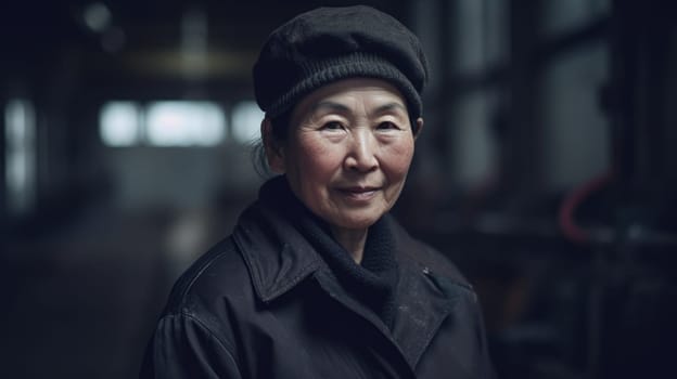 A smiling senior Chinese female factory worker standing in oil refinery plant. Generative AI AIG19.