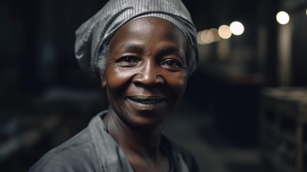 A smiling senior African female factory worker standing in metal sheet factory. Generative AI AIG19.