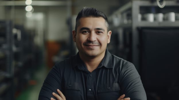 A smiling Hispanic male electronic factory worker standing in factory. Generative AI AIG19.