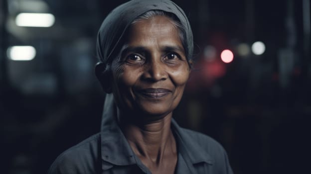 A smiling senior Indian female electronic factory worker standing in factory. Generative AI AIG19.