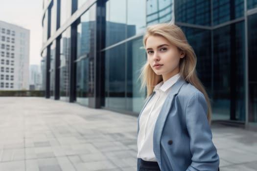 Young shy blonde girl in business attire, standing in front of modern office building. Generative AI AIG20.