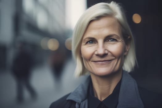 Mature smart swedish businesswoman, smiling face, standing in blur background of modern office building. Generative AI AIG20.