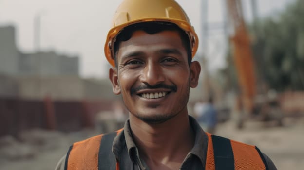 A smiling Indian male construction worker standing in construction site. Generative AI AIG19.