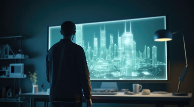 A man looking at blue hologram screen showing the city plan with the light teal and light black. Generative AI AIG21.