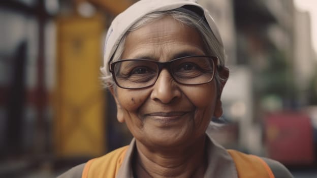 A smiling senior Indian female construction worker standing in construction site. Generative AI AIG19.