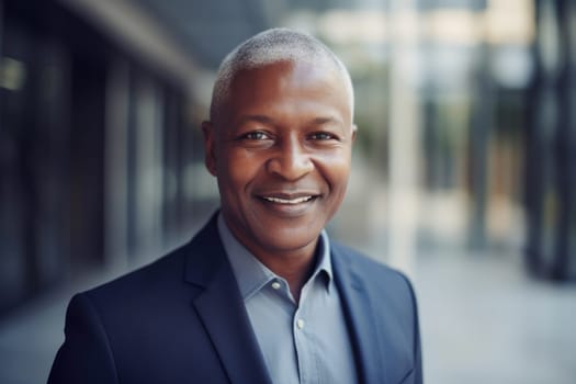 Mature smart african-american businessman, smiling face, standing in blur background of modern office building. Generative AI AIG20.