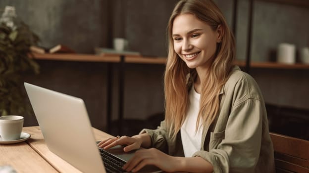 Young blonde woman, smiling, working with laptop, sitting in home office . Generative AI AIG20.