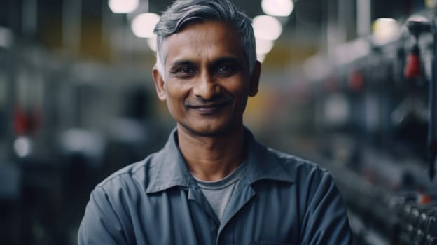 A smiling senior Indian male electronic factory worker standing in factory. Generative AI AIG19.