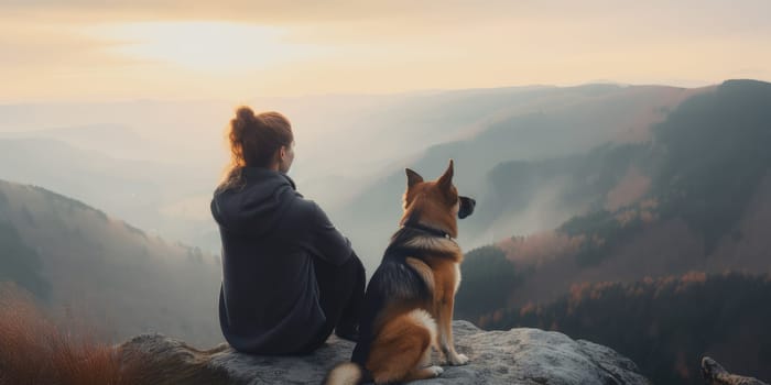 Young beautiful woman enjoy view with her dog during hiking trip in the mountain. distinct generative AI image.