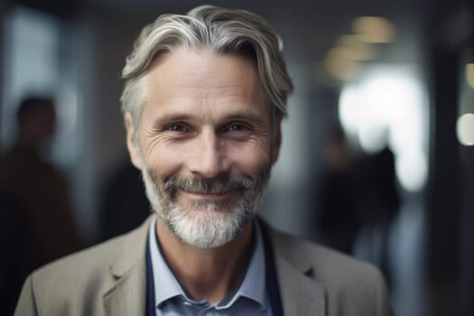 Mature smart swedish businessman, smiling face, standing in blur background of busy office. Generative AI AIG20.
