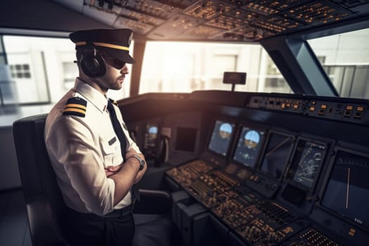 A male pilot in captain's uniform in an indoor airport setting. Generative AI AIG21.