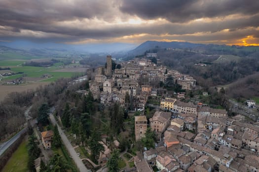 Aerial view of Castell'Arquato medieval village in Emilia Romagna, Italy at sunset