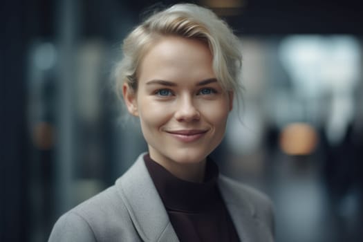 Young smart swedish businesswoman, smiling face, standing in blur background of modern office building. Generative AI AIG20.