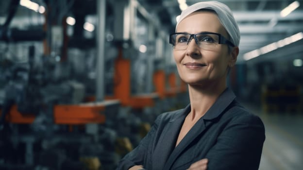 Engineer woman, smiling face, standing in blur background of smart factory with robotic arms. Generative AI AIG20.