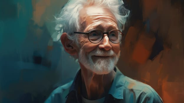 A portrait painting of a smiling older man in an oil on canvas painting style. Generative AI AIG21.
