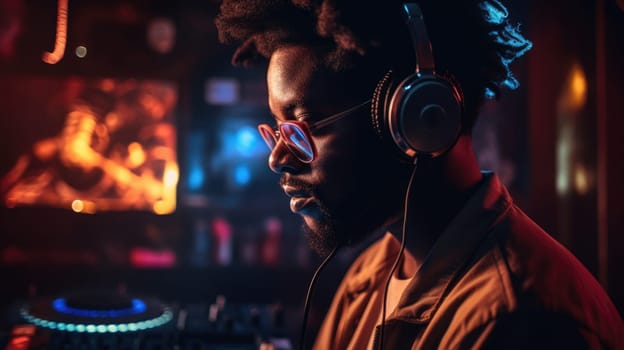 A professional male Afro-African DJ wearing headphones and mixing music in night club with colorful lights. Generative AI AIG21.
