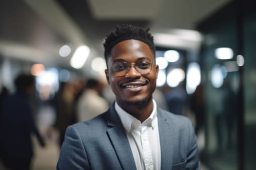 Young smart african-american businessman, smiling face, standing in blur background of busy office. Generative AI AIG20.