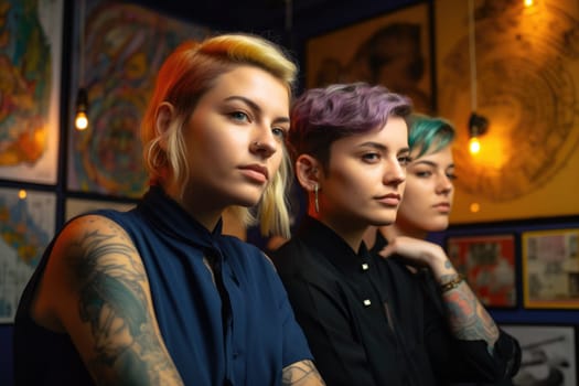 Three young women with tattoos and vivid colors short hair in an office. Generative AI AIG21.