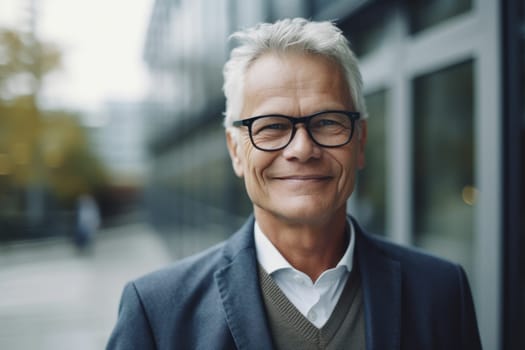 Mature smart swedish businessman, smiling face, standing in blur background of modern office building. Generative AI AIG20.
