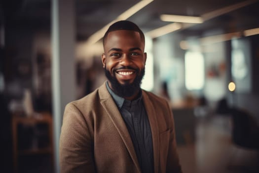 Young smart african-american businessman, smiling face, standing in blur background of creative colorful office interior design. Generative AI AIG20.
