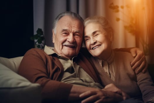 Happy mature scandinavian couple sitting on sofa at home smiling happily. Generative AI AIG20.