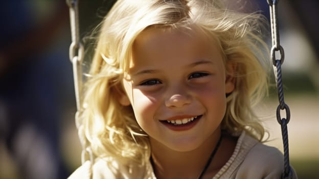 Close up smiling face, young blond girl playing on a swing, happiness, childhood, freedom, vitality, outdoor fun, carefree, sunlight. Generative AI AIG20.