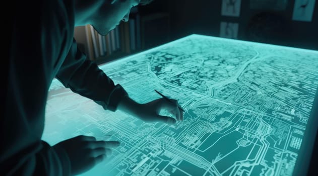 The man touching on glass design of city in the style of light teal. Generative AI AIG21.