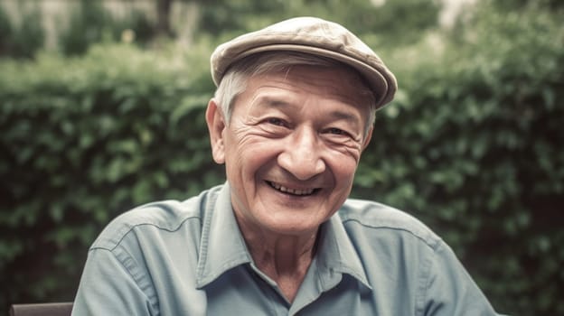 Smiling senior man sitting in the garden looking at the camera smiling. Generative AI AIG20.
