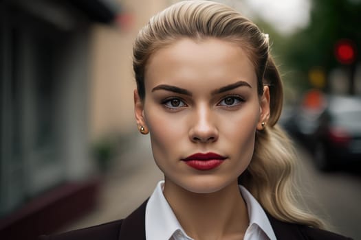 A beautiful young businesswoman portrait, outdoor and woman looking at camera. distinct generative AI image.
