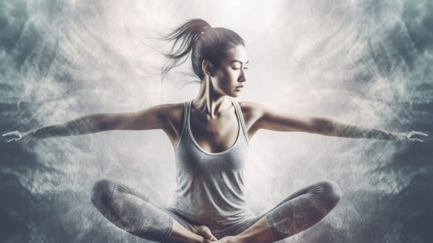 Young asian woman in advanced yoga pose, double exposure, energy ripple in the body, heroic. Generative AI AIG20.