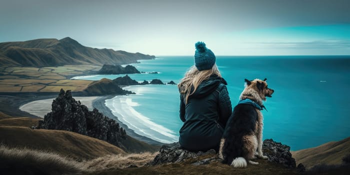Young beautiful woman enjoy view with her dog during hiking trip in the mountain. distinct generative AI image.