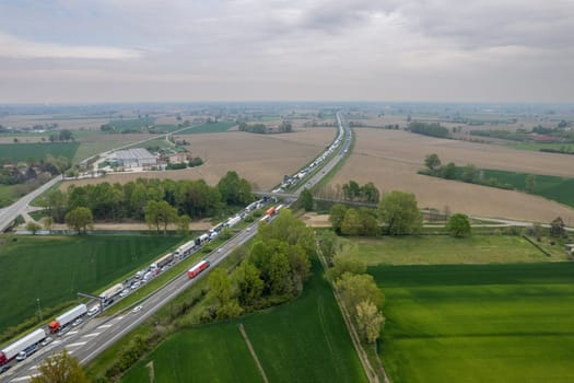Piacenza, Italy - 13 April 2023 Traffic jam on highway during rush hou in autostrada del sole, italy near Piacenza