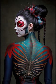 Japanese woman with spider tattoo on the body, scary halloween character design. superlative generative AI image.