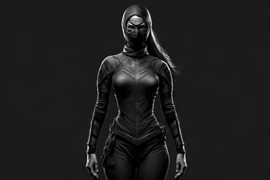 Ninja woman in full bodysuit isolated black background. Concept of smart girl model in scifi character with custom in shape and long hairstyle. Glorious generative AI.