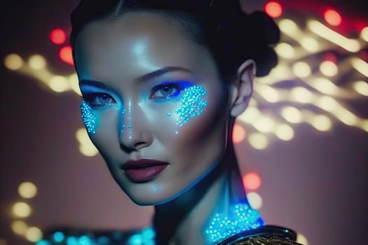 Stunning futuristic bioluminescent cybernetic fashion design glowing. Generative AI AIG15.