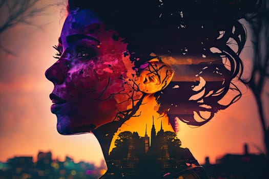 Silhouette double exposure beautiful female model colorful. Generative AI AIG15.