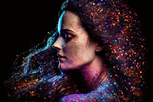 Glowing beautiful face with glittering make up on girl in hyper realistic details reflecting in neon light. Concept of artistic beauty on widespread on diamond dust background. Glorious generative AI.
