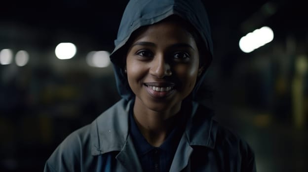 A smiling Indian female factory worker standing in metal sheet factory. Generative AI AIG19.