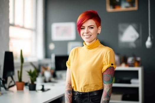 Cool female fashion designer, smiling face, looking at camera, pink hair, piercing, tattoo, standing at office desk, laptop, colorful trendy interior office. Generative AI AIG20.