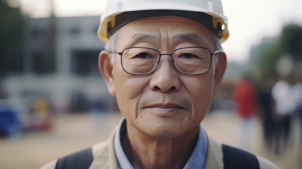 Senior male Asian civil engineer with determined face at construction site. Generative AI AIG21.