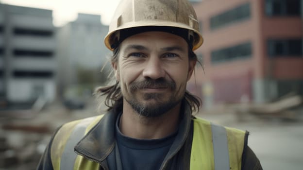 A smiling Swedish male construction worker standing in construction site. Generative AI AIG19.