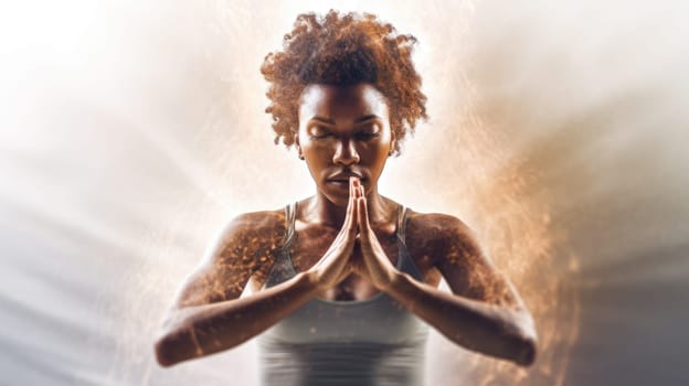 Young african woman in advanced yoga pose, double exposure, energy ripple in the body, heroic. Generative AI AIG20.