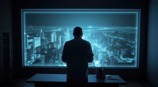 A man looking at blue hologram screen showing the city plan with the light teal and light black. Generative AI AIG21.