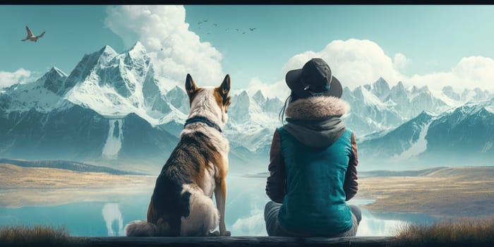 Young beautiful woman enjoy view with her dog during hiking trip in the mountain. distinct generative AI image.