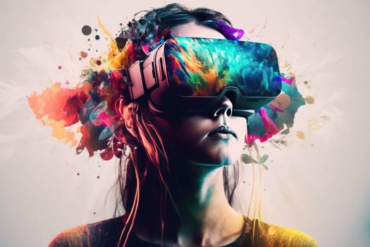 Young creative woman using innovative digital tech of virtual reality headset for fun. distinct generative AI image.