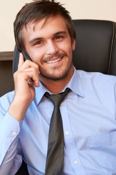 Office, phone call and portrait of businessman with smile, networking and connection for start up deal. Happiness, communication and discussion, happy man in consulting business talking on smartphone.