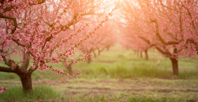 Spring of peach garden. The blossoming trees.