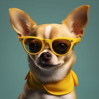 copy dog portrait goggles chihuahua adorable cute puppy animal background domestic pedigree student smart glasses yellow wear breed funny pet space collar. Generative AI.