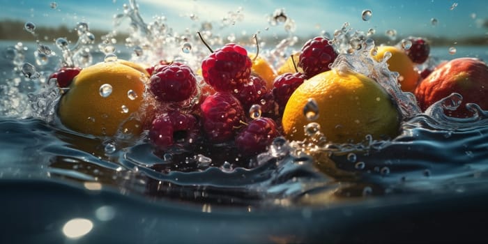water citrus food splashing grape black isolated liquid vitamin strawberry delicious background diet healthy fruit fresh red vegetable drop green sweet. Generative AI.